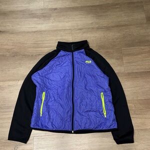 Fila Women's Purple and Black Puffer Jacket with Yellow Accents